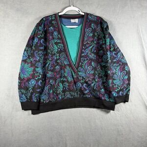 Vintage 90s Cricket Lane Floral Paisley Knit Sweater Teal Purple Womens